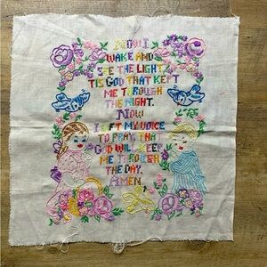 Vintage Childs Prayer Sampler Linen Birds Flowers Boy Girl Baby Nursery
